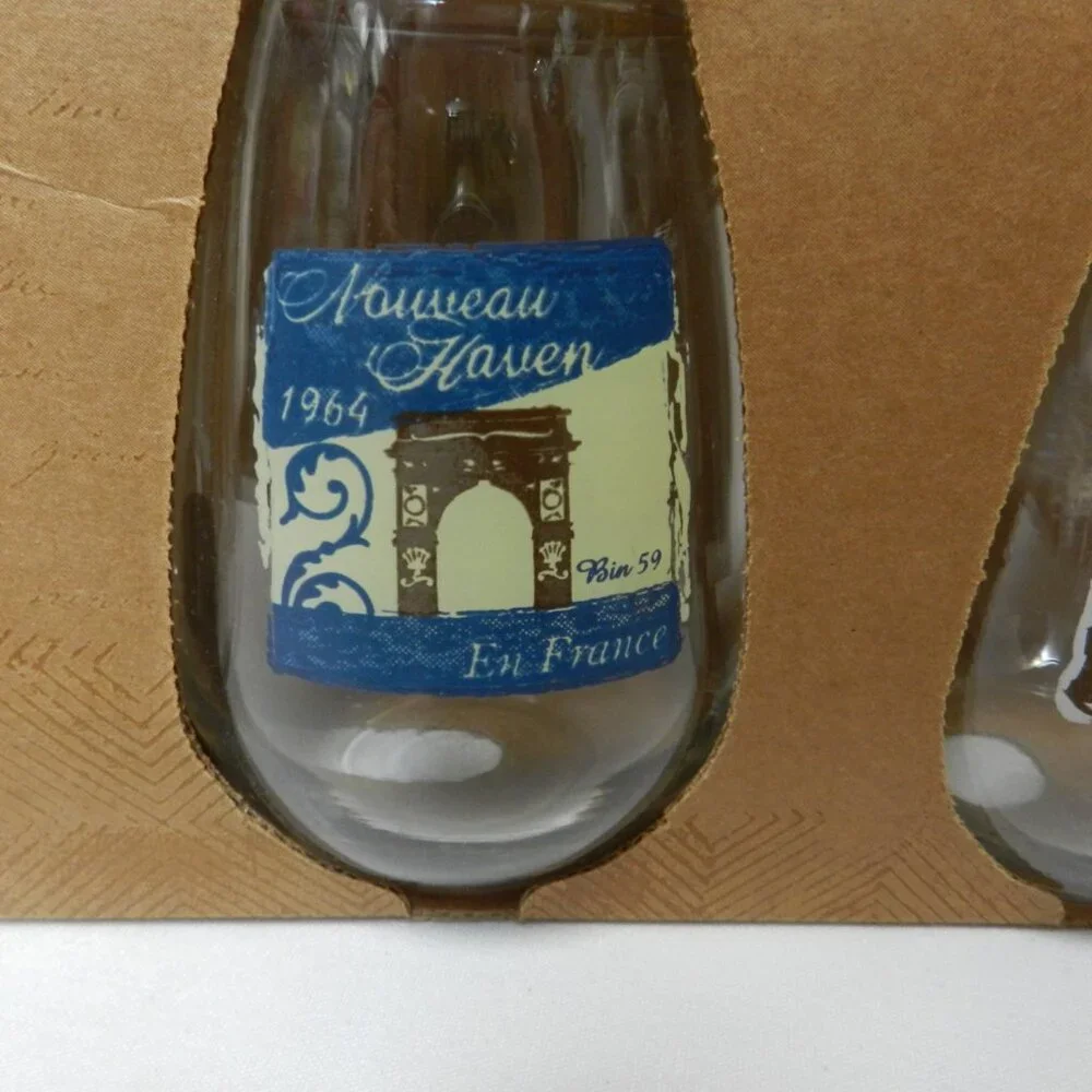 Pier 1 Stemless Wine Glass Napa Spain Italy & France Labels Set of glasses 4 NIB